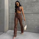Brown Two Piece Casual Set Sexy Halter Vest Slim Straight Trousers Suit