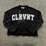 Custom Sweatshirt Rhinestone Distressed Unisex Embroidered Long Sleeve Double Layered Oversized T Shirt Heavyweight for Men for sale
