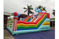 China Rainbow Horse Two Parallel Channels Inflatable Slides With Candy Shaped Pillars supplier