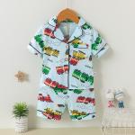 Short Sleeve 95% Cotton Button Up Pajama Set Lapel Cars Pj Set For Middle Aged Kids for sale