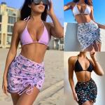 Women's 3-piece Swimsuit with Striped Printed Pleated Skirt for sale