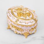 Gold White Vintage Rose Enamel Oval Metal Jewelry Storage Box Organizer One Layer for Jewelry for sale