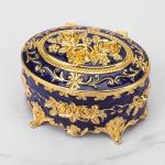 Gold Blue Rose Enamel Oval Metal Jewelry Storage Organizer Box Compact Size 8.9x5.9cm For Weddings, Anniversaries for sale