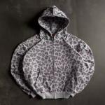 Custom Design Zipper Plus Size Boxy Cropped Leopard Print Zip up Vintage Cotton Terry Acid Wash Streetwear Hoodies for Men for sale