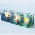holiday 6x6x6cm square cup glass candle with rainforest pattern candle holder for sale