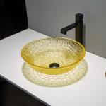 Round Lacquered Crystal Wash Basins Low Profile Glass 12mm Modern Gold Yellow for sale