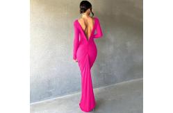China Rose Red Stylish Ladies Dress Slim Sexy Big V Neck Dress Backless Pleats Solid Color supplier