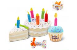 China Stuffed Plush Dog Happy Birthday Cake Abs 110g Pet Squeaky Toys With Candles supplier