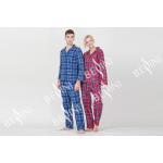 Lovers Pyjamas Cotton Yarn Dyed Check Flannel Long Sleeve Long Pants Satin Piping Pocket Satin Fabric Covered Buttons for sale