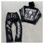 Top Fashion Screen Printing Oversized Acid Wash Distressed Hoodies Stacked Flared Sweatpants and Hoodie Tracksuit for Men for sale