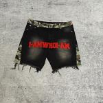 China Custom Towel Embroidery Patches Logo Camo Baggy Jorts Streetwear High Quality Raw Hem Vintage Denim Jean Shorts for Men manufacturer
