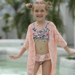 Split Girls Swimming Suits Pink Printed Children'S Swimsuit Lace Shawl Three Piece Bikini for sale