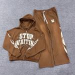 Men's Custom Hoodie Joggers Set Ripped Screen Print Distressed Zipper Hoodie Wide Leg Baggy Sweatpants With Custom Label for sale