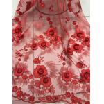 Red 3D Flower Embroidered Tulle Lace Fabric / Wedding Dresses Sequins Beaded Lace for sale