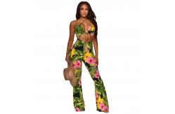 China Printed One Piece Deep V Jumpsuits Bandage Flare Backless Jumpsuit supplier