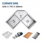 110mm Corner Stainless Steel Kitchen Sink 18 Gauge Brushed Double Bowl 124x77 for sale