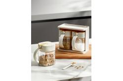 China Durable 2 Grids Clear  Condiments Glass Container Pots Set With Handle And Spoon supplier
