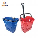 Red Telescopic Handle Plastic Rolling Basket With Two Wheels For Convenience Store for sale