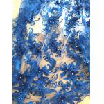 3D Rhinestone Beaded Tulle Fabric , Embroidered Royal Blue Lace Fabric For Bridal Gown for sale