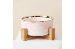 China Eco Friendly Marble Ceramic Raised Dog Bowls With Wooden Stand supplier
