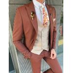 Brown Groom 3pc Tuxedo Suit Mono Collar Slim Cut For New Season for sale