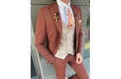 China Brown Groom 3pc Tuxedo Suit Mono Collar Slim Cut For New Season supplier
