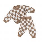 2PCS Customized Checkerboard Sweater Set 100% Cotton Knit Wear For Little Girls for sale