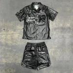 Custom Leather Polo Shirts Shorts 2 Piece Set Sweatsuits Button up Polo T Shirt Drawstring Cargo Shorts Pants Tracksuits for Men for sale