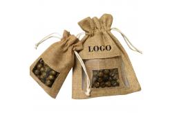 China Logo Customized Burlap Favor Bags Drawstring Christmas Bag With Clear Window supplier
