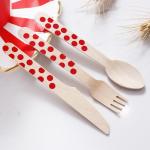 Eco Friendly 160MM  Red Dots Wooden Cutlery Knife Fork Spoon Uensils Set for sale