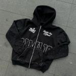 Custom Rhinestone Zip Up Hoodie 450 gsm Thick Heavy Weight Screen Printing Logo Streetwear Zipper Hoodies Men for sale