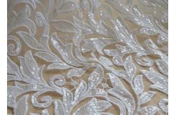 China Scalloped Edge White Sequin Mesh Fabric For Party Gown Rich Leaves Design supplier