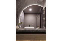 China Hotel Bathroom Vanity Wall Half Round Mirror Customized Led Backlit Defogger supplier