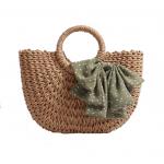 Brown Corn Skin Crochet Hand Bag Small With Green Scarf Bow Woven ODM for sale
