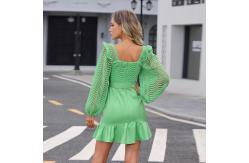 China Long-Sleeved New Green Puff Sleeves Elegant Sweetheart Neck Ruched Ruffle Hem Dress supplier