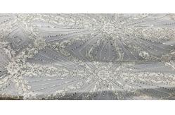 China Beautiful Silver Embroidered Heavy Beaded Lace Fabric , Beaded Net Fabric 130cm Width supplier