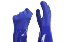 China 35cm Blue PVC Chemical Resistant Gloves With Sandy Finish And Cotton Liner supplier