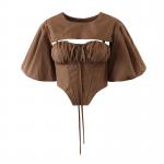 China Vintage Senior Light Luxury Temperament Sling Suit Dark Brown Fake Two Piece T Shirt for sale
