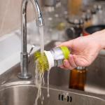 Disassembled Kitchen Soap Dispensing Palm Brush With Drip Tray