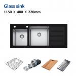 Brushed Cabinet Black Glass Kitchen Sink 45' Cabinet 16 Double Bowl 115x48 for sale