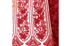 China Red 3D Beaded Lace Fabric Handmade Embroidery With Sequins supplier