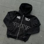 Windproof Zip Up Rhinestone Hoodie Rips Screen Print Logo Streetwear Fleece Hoodies for sale
