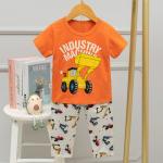 Korean Kids Sleeping Suits Cartoon Excavator Shirt And Shorts Pajama Set for sale