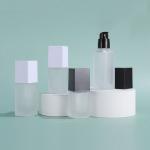 Empty Square Frosted Glass Cosmetic Containers 1.4oz Pump Bottle Personal Care for sale