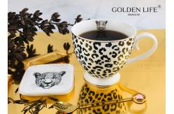 China Ceramic Cup Animal Leopard Design with 9.5cm square Dish Footed coffee Mug supplier
