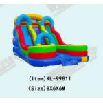 Brightly Colored Inflatable Slides With Blue Arched Structures