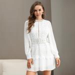 Polyester Round Neck Ladies Lace Dresses Long Sleeves Embroidered Lace Mini Dress