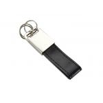 Debossed Logo Metal Black PU Leather Keychain 3 Small Rings Keyring for sale