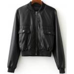 Ladies PU Leather Down Jacket , Zipper Short Warm Black Leather Bomber Jacket for sale