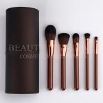 Brown Wooden Handle Makeup Brushes 5 Piece Makeup Brush Set With Pu Cylinder for sale